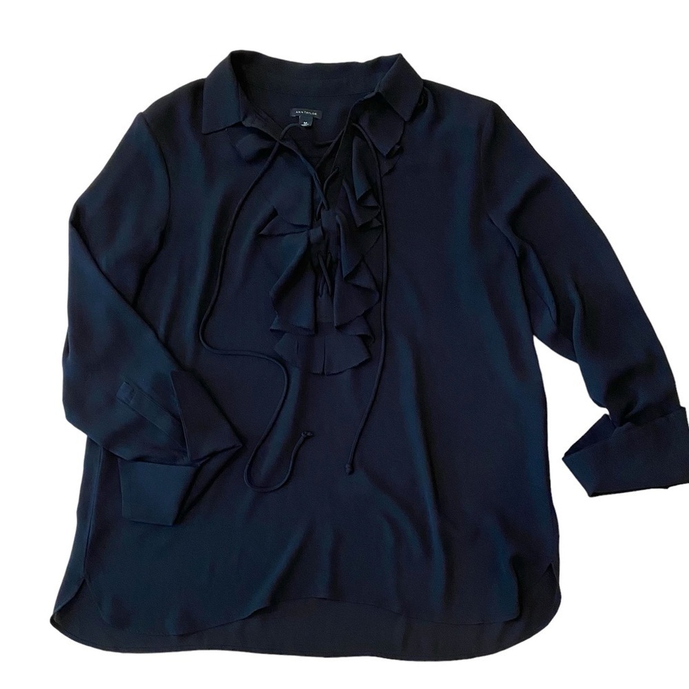 Ann Taylor Black Long Sleeve Ruffle Blouse Shirt - Size Medium